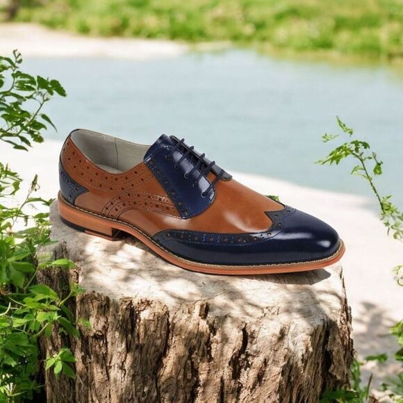 GIOVANNI MEN'S NAVY/TAN LEATHER WING TIP DRESS SHOE. TROY. - Picture 1 of 2